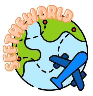 a plane flying over a globe with the words See the world on it