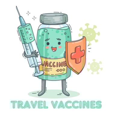 a cartoon vial with a happy face holding a syringe with the words travel vaccines below it