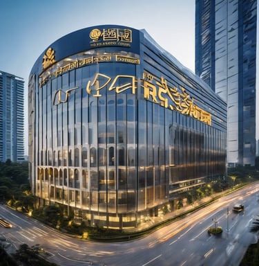 a building with a large glass building with a sign that says pizza
