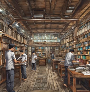 a group of people standing in a library