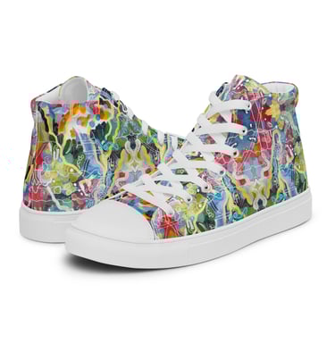 a pair of colorful shoes with a floral pattern