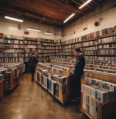 Rows of vinyl records are arranged in a record store, with labels like 'classical' visible. The background includes a blue wall, green plants, and blurred out decor and lighting.