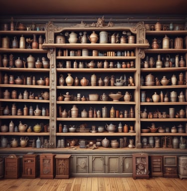 A glass display case filled with an eclectic collection of items, including figurines, jars, a human skull model, vintage tobacco tins, and various decorative objects. The lighting creates a dim, moody atmosphere with a strong green tint dominating the scene.
