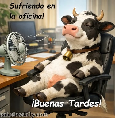 vaca sentada en una silla de oficina mientras un ventilador le apunta de frente ambiente de trabajo 