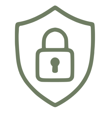 Green outline icon of a security shield with a padlock for data protection and privacy.