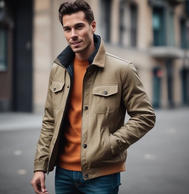 A stylish model wearing a trendy leather jacket in an urban setting.
