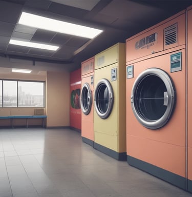 Several orange-fronted washing machines are aligned in a row, each with a circular glass door. On top of one of the machines, there is a green plastic laundry basket filled with clothes. Nearby, a stack of newspapers is placed on a counter.