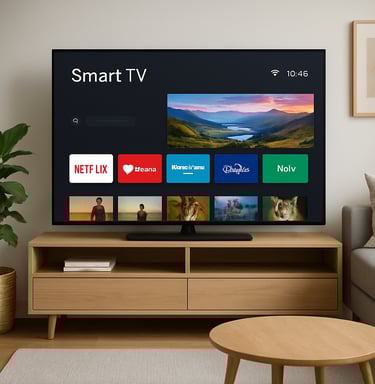 A cozy kitchen scene with modern appliances glowing softly in warm lighting.