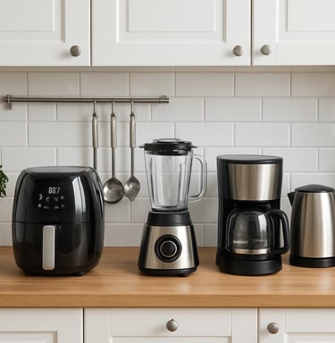 Close-up of a colorful, stylish blender mixing fresh fruits in a sunny kitchen.