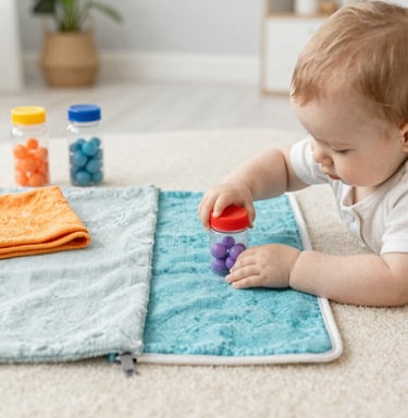 Close-up of handcrafted wooden rattles made in France, resting on a soft blanket.