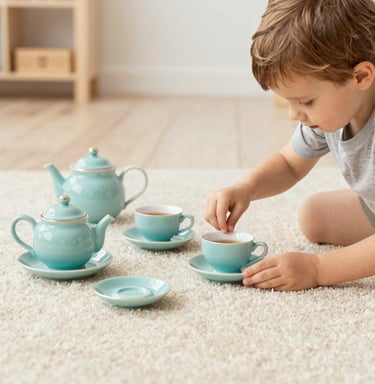 A selection of colorful, safe teething toys arranged neatly on a light blue background.