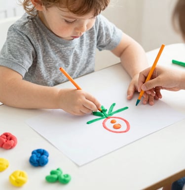 A cozy nursery corner with soft wooden toys and pastel blue cushions.