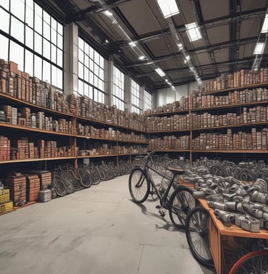 A modern bike shop interior with several bicycles lined up on a wooden floor. The shop has a bright and clean aesthetic, with an orange and white color scheme. Bike accessories and helmets are visible on display shelves behind the counter.