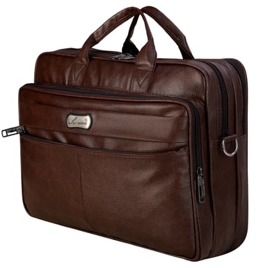 a brown leather office bag with a laptop compartments 