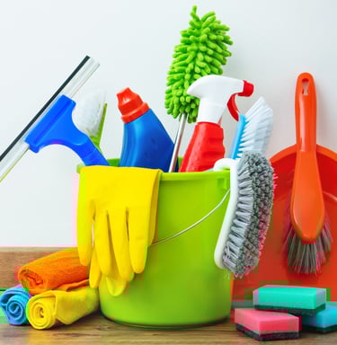 a bucket of cleaning supplies and cleaning supplies