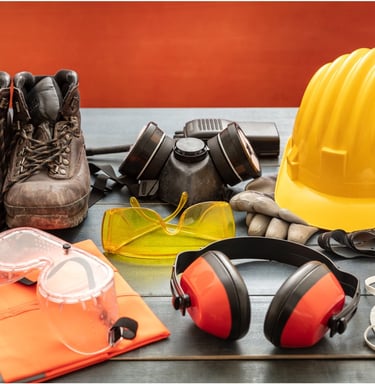a variety of safety equipment including a helmet and safety gear