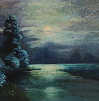 a painting of a river with a full moon