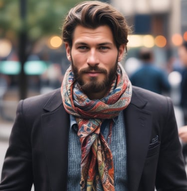 A silhouette of a person holding a patterned scarf or shawl against a sunset backdrop, with a body of water and hills in the distance. The setting sun creates a dramatic contrast, highlighting the intricate details of the fabric.