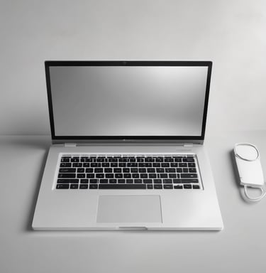 A laptop displays a web browser on the eBay homepage, showing a prominent green advertisement offering up to 70% off on Apple tech with a two-year warranty. The ad features images of a smartwatch and a smartphone. The surrounding environment includes a wooden table and blurred indoor plants in the background.