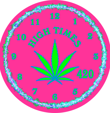 Neon pink high times clock with a green cannabis leaf, 420 text, and psychedelic numbers.