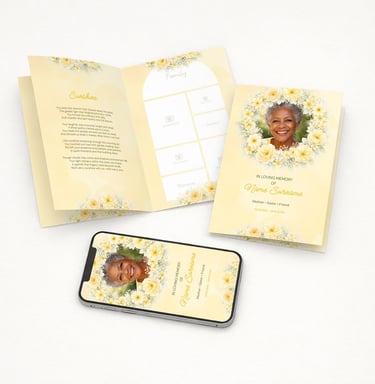 Yellow floral funeral program template editable in Canva