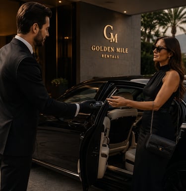 A professional chauffeur hands keys to a woman in front of a Golden Mile luxury car rental.