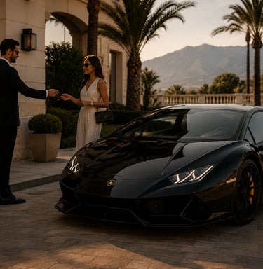 A black Lamborghini Huracan parked at a luxury resort as a valet hands keys to a woman.