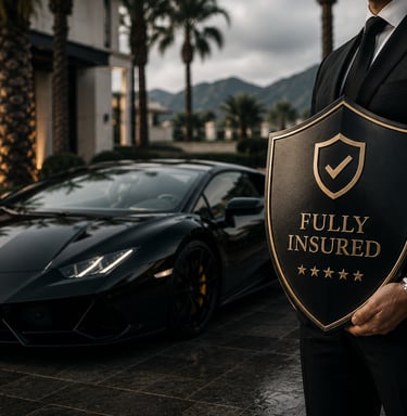 Professional in a suit holding a fully insured shield next to a luxury black sports car.