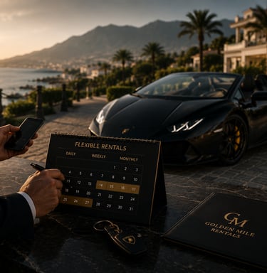Man booking a luxury car rental with a flexible calendar and a black Lamborghini parked by the coast.