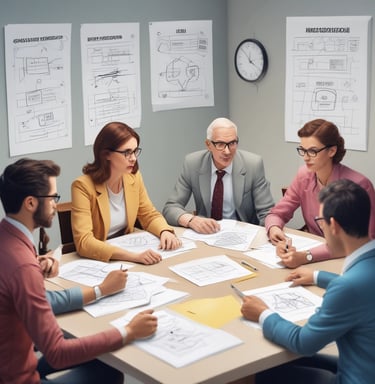 A professional team collaborating over project plans in a modern office.