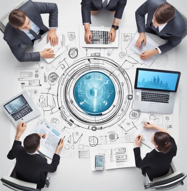 Close-up of hands working on a laptop with project management software open.