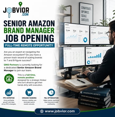 Professional remote workspace setup for Senior Amazon Brand Manager job opening with analytics 