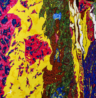 Vibrant abstract expressionist painting featuring thick textures in bold yellow, red, and green hues.