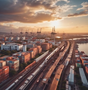 A logistics hub with trucks and warehouses symbolizing strategic distribution.