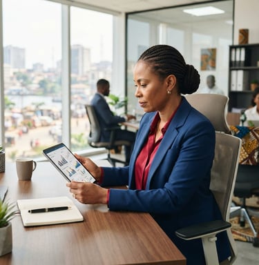 A professional Central African business director analyzing financial data on a tablet in a bright Douala office, clean desk, 35mm lens.