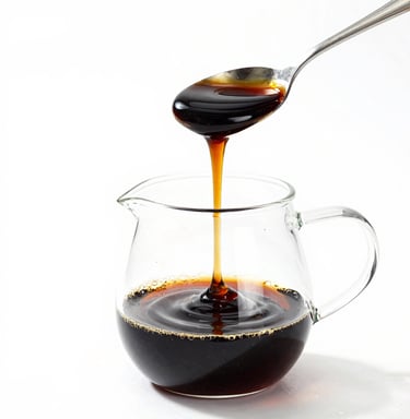 Golden honey dripping from a spoon into a glass pitcher isolated on white.
