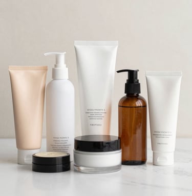 Close-up of elegant skincare bottles arranged on a wooden vanity with soft natural light.