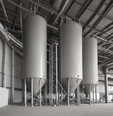 Close-up of cement bags stacked in a warehouse with a rustic background.