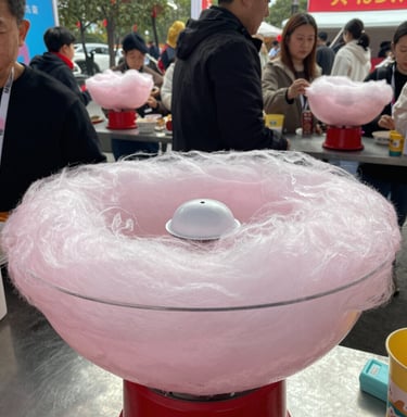 Colorful cotton candy machine spinning fluffy pink cotton candy at a lively family event.