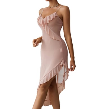 Elegant dusty pink ruffle trim slip dress with an asymmetrical hemline and thin straps.