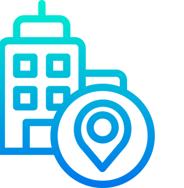 Office building with location pin icon representing commercial real estate and venue location