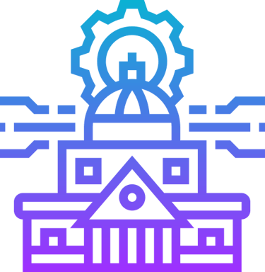 Government building with gears and digital connections icon representing public administration technology