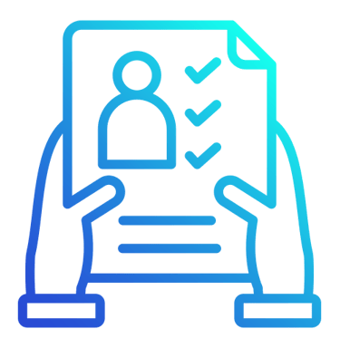 Hands holding document with person icon and checkmarks representing job application or CV submission