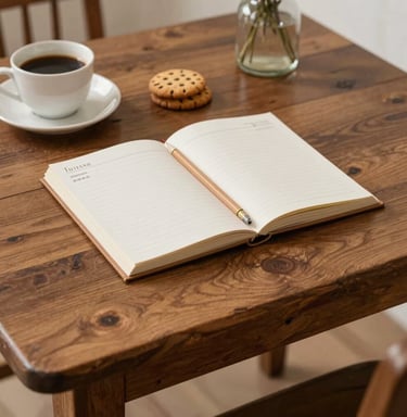 A cozy pastel-colored agenda open on a wooden desk with delicate floral decorations.