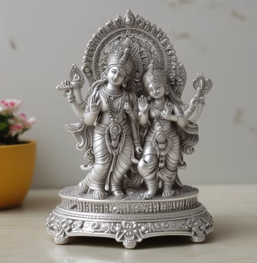 Shimmering silver god idols lined up on a traditional cloth backdrop, ready for pooja.