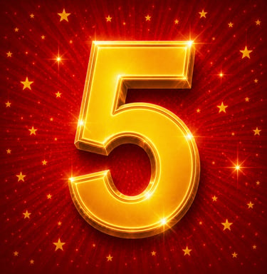 Numéro 5 doré – fond rouge lumineux avec étoiles