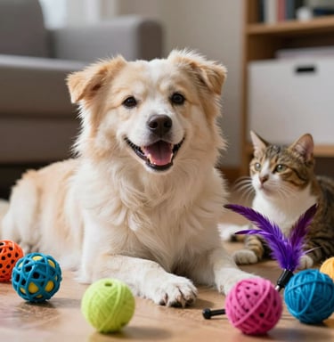 Brightly colored chew toys and balls scattered on a soft pet bed.