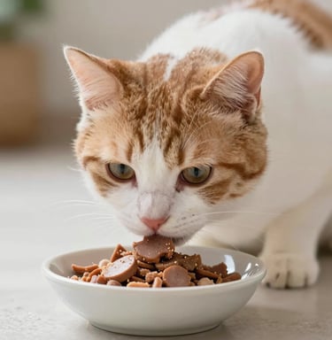 A curious tabby cat sniffing a bowl filled with premium cat food.