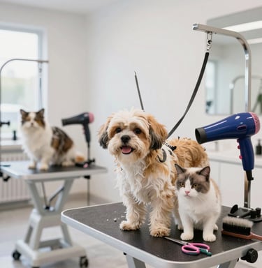 A grooming brush and shampoo bottle next to a freshly groomed small dog.