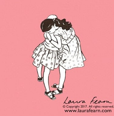 Ink drawing of 2 girls hugging by Laura Fearn.